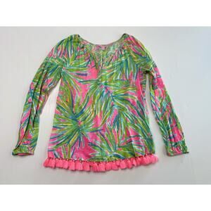 Lilly Pulitzer Tassel Top Long Sleeve V Neck Pink Green Palm Print Size XS